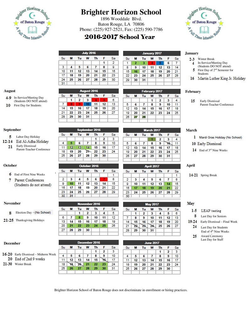 bhs20162017schoolcalendar Brighter Horizon School